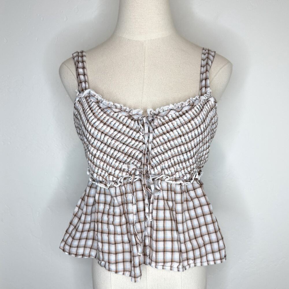 American Eagle Smocked Babydoll Cami Top Womens Small Blue Brown Plaid Tank